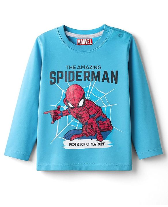 Babyhug Marvel Single Jersey Knit Full Sleeves Night Suit with Spider-Man Graphics - Light & Teal Blue