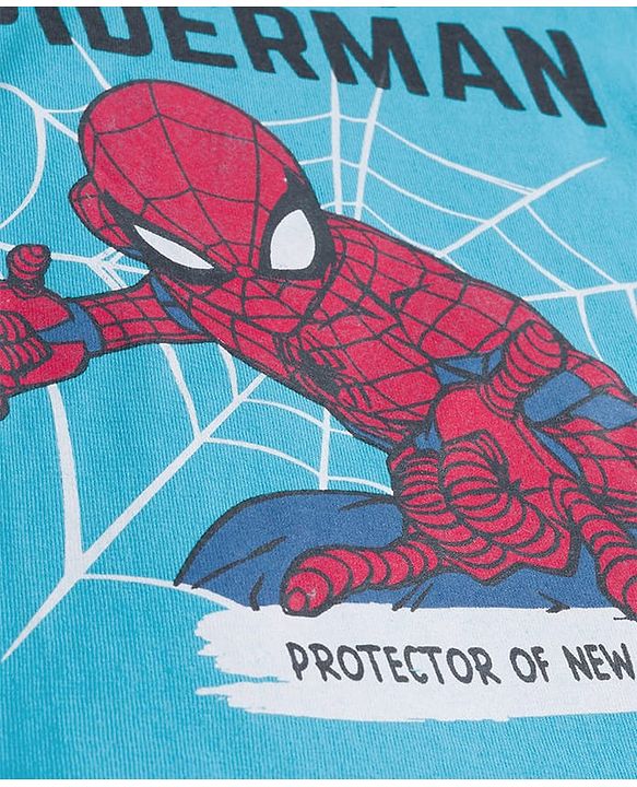 Babyhug Marvel Single Jersey Knit Full Sleeves Night Suit with Spider-Man Graphics - Light & Teal Blue