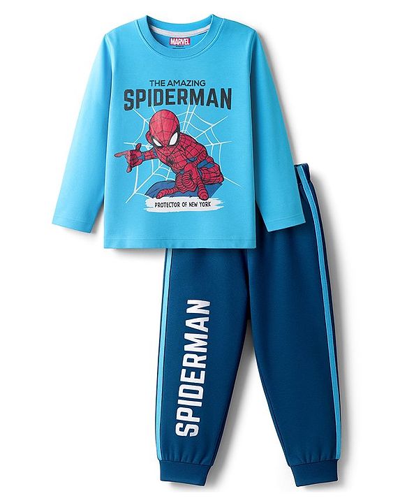 Babyhug Marvel Single Jersey Knit Full Sleeves Night Suit with Spider-Man Graphics - Light & Teal Blue