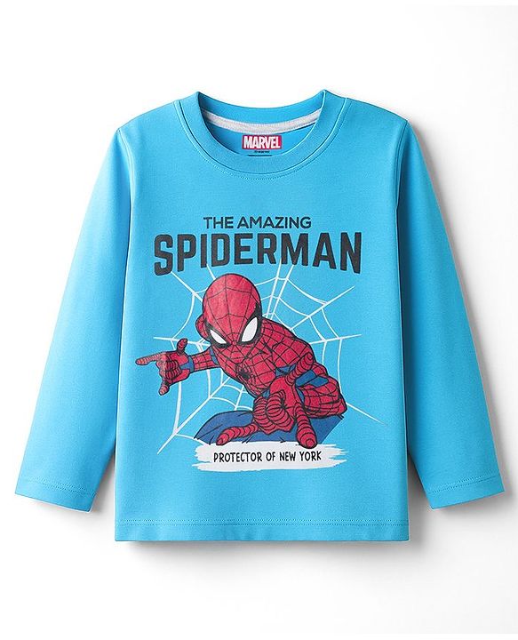 Babyhug Marvel Single Jersey Knit Full Sleeves Night Suit with Spider-Man Graphics - Light & Teal Blue