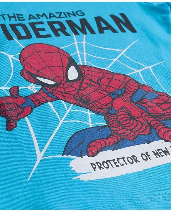 Babyhug Marvel Single Jersey Knit Full Sleeves Night Suit with Spider-Man Graphics - Light & Teal Blue