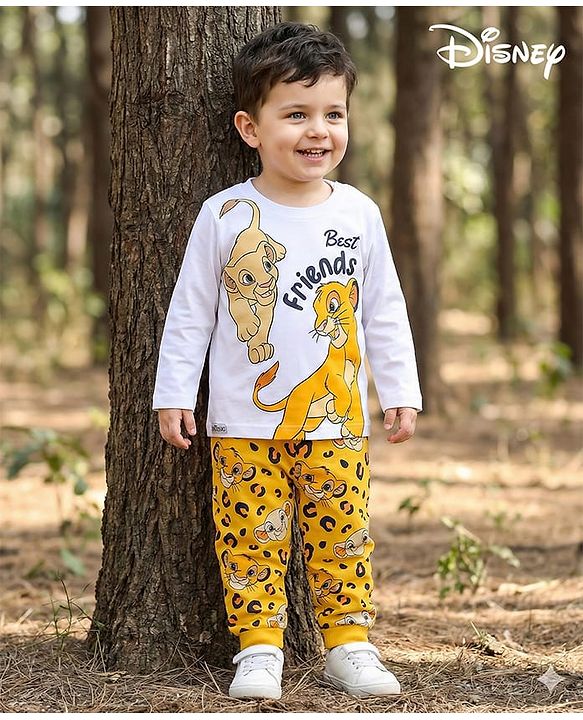 Babyhug Disney Single Jersey Knit Full Sleeves Night Suit With Lion King Graphics - White & Yellow