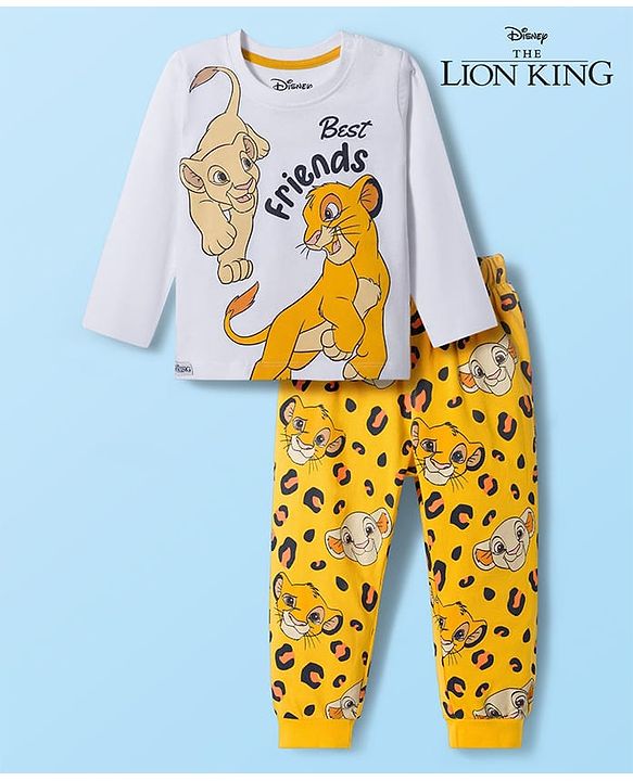 Babyhug Disney Single Jersey Knit Full Sleeves Night Suit With Lion King Graphics - White & Yellow