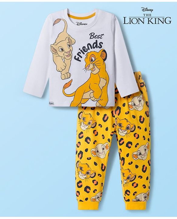 Babyhug Disney Single Jersey Knit Full Sleeves Night Suit With Lion King Graphics - White & Yellow