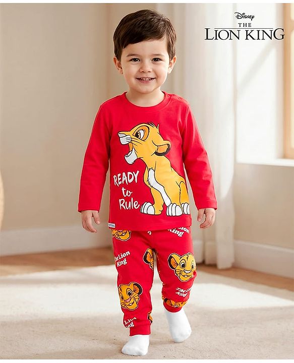 Babyhug Disney Single Jersey Knit Full Sleeves Night Suit With Lion King Graphics - Red