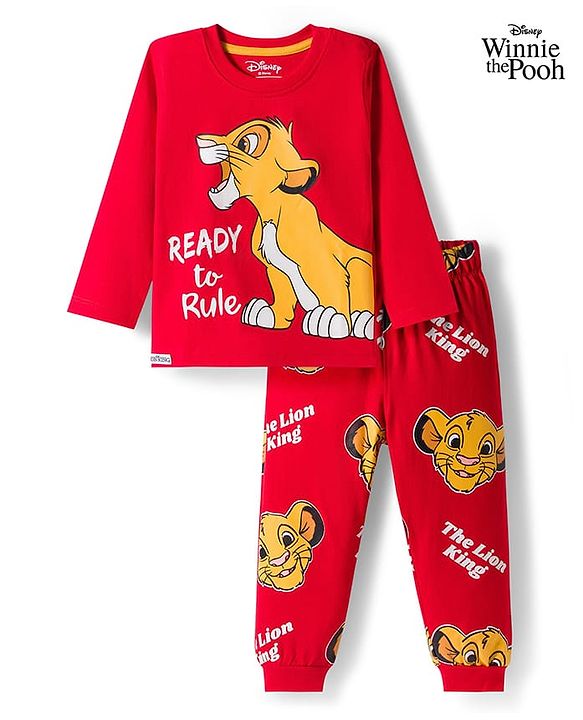 Babyhug Disney Single Jersey Knit Full Sleeves Night Suit With Lion King Graphics - Red
