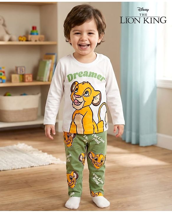 Babyhug Disney Single Jersey Knit Full Sleeves Night Suit With Lion King Graphics - White & Olive Green