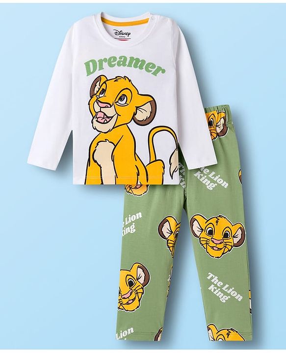 Babyhug Disney Single Jersey Knit Full Sleeves Night Suit With Lion King Graphics - White & Olive Green