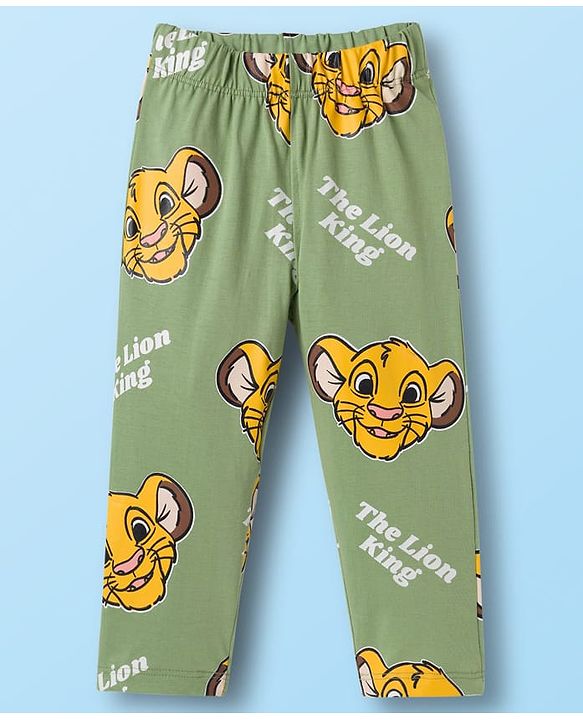 Babyhug Disney Single Jersey Knit Full Sleeves Night Suit With Lion King Graphics - White & Olive Green