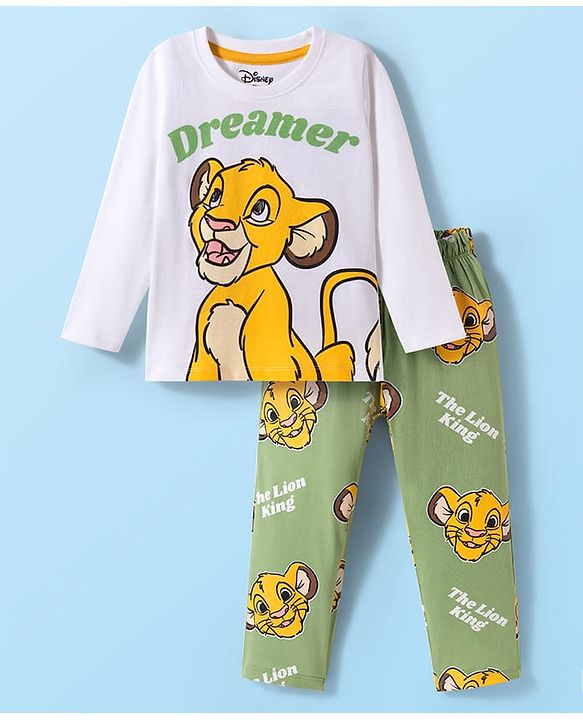 Babyhug Disney Single Jersey Knit Full Sleeves Night Suit With Lion King Graphics - White & Olive Green