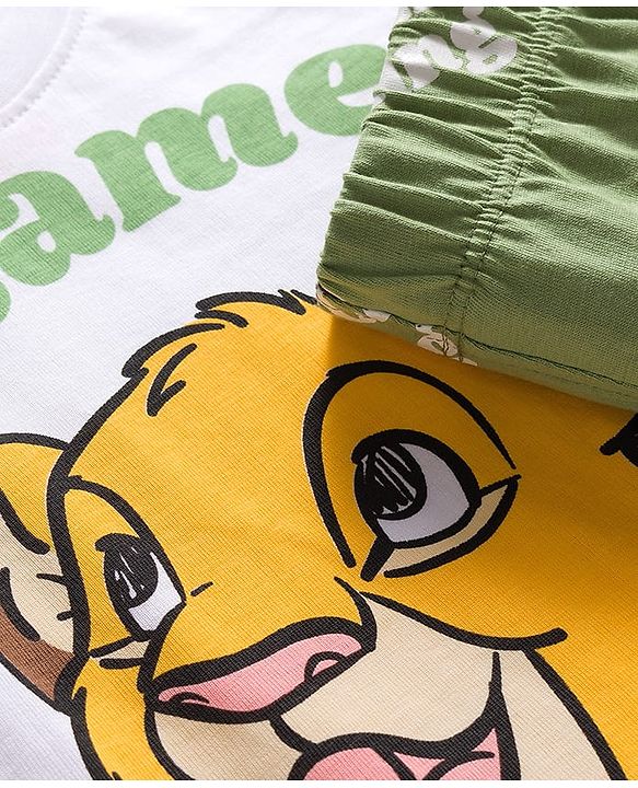 Babyhug Disney Single Jersey Knit Full Sleeves Night Suit With Lion King Graphics - White & Olive Green