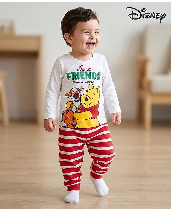 Babyhug Disney Single Jersey Knit Full Sleeves Night Suit With Winnie The Pooh Graphics - White & Red