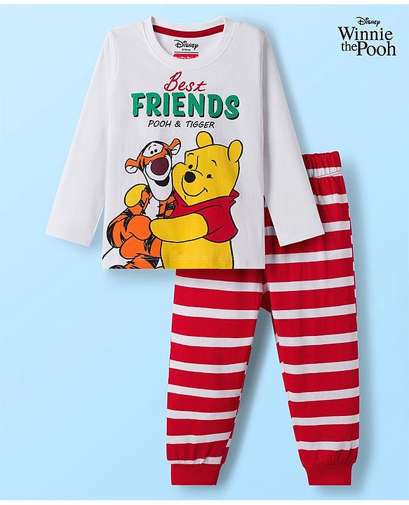 Babyhug Disney Single Jersey Knit Full Sleeves Night Suit With Winnie The Pooh Graphics - White & Red