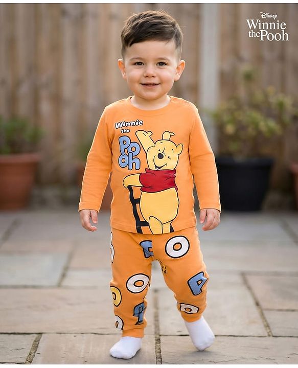 Babyhug Disney Single Jersey Knit Full Sleeves Night Suit With Winnie The Pooh Graphics - Orange