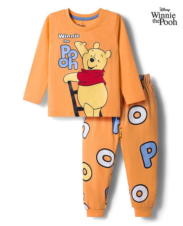 Babyhug Disney Single Jersey Knit Full Sleeves Night Suit With Winnie The Pooh Graphics - Orange