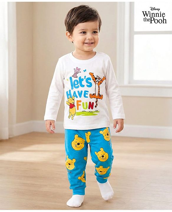 Babyhug Disney Single Jersey Knit Full Sleeves Night Suit With Winnie The Pooh Graphics - White & Light Blue