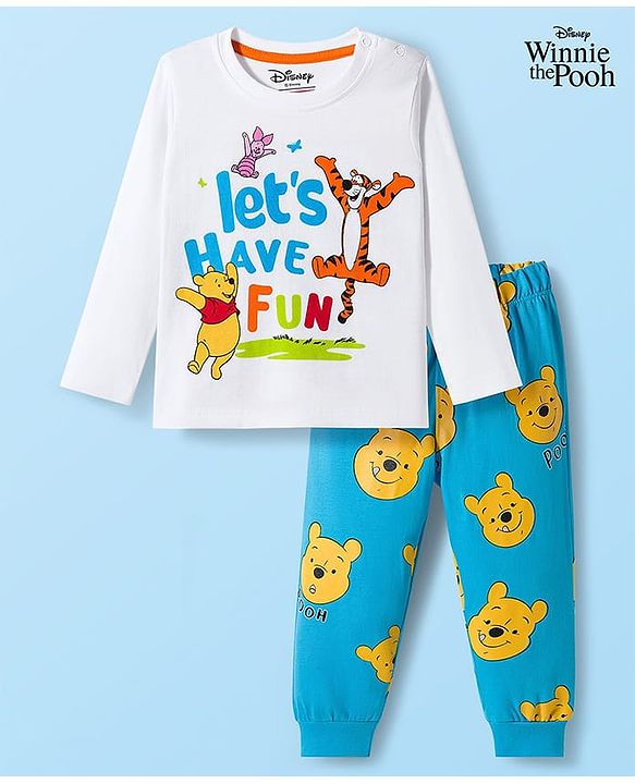 Babyhug Disney Single Jersey Knit Full Sleeves Night Suit With Winnie The Pooh Graphics - White & Light Blue