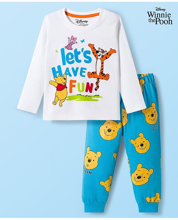 Babyhug Disney Single Jersey Knit Full Sleeves Night Suit With Winnie The Pooh Graphics - White & Light Blue