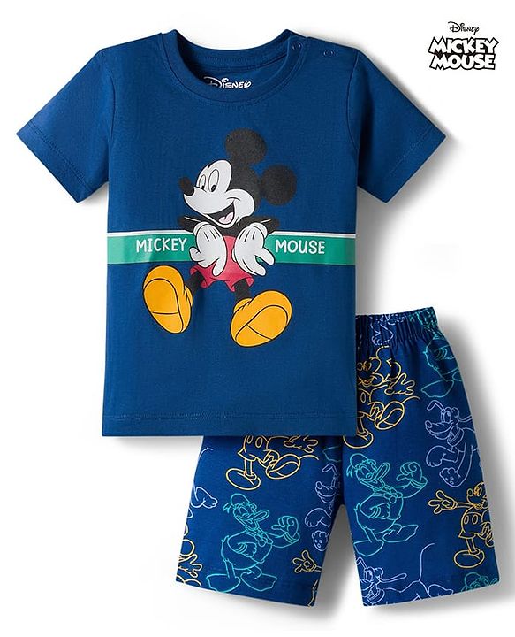 Babyhug Disney Single Jersey Knit Half Sleeves Shorts Night Suit With Mickey Mouse Graphics - Navy Blue