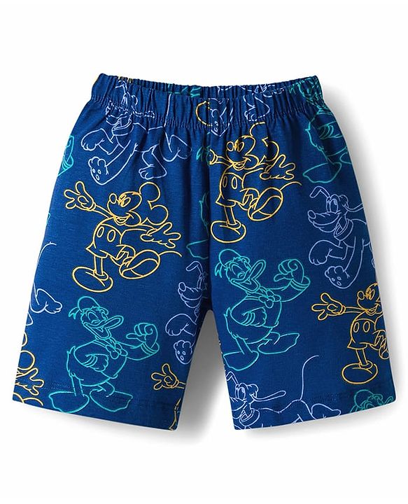 Babyhug Disney Single Jersey Knit Half Sleeves Shorts Night Suit With Mickey Mouse Graphics - Navy Blue