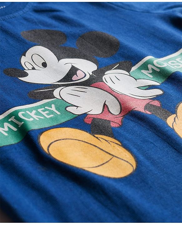Babyhug Disney Single Jersey Knit Half Sleeves Shorts Night Suit With Mickey Mouse Graphics - Navy Blue
