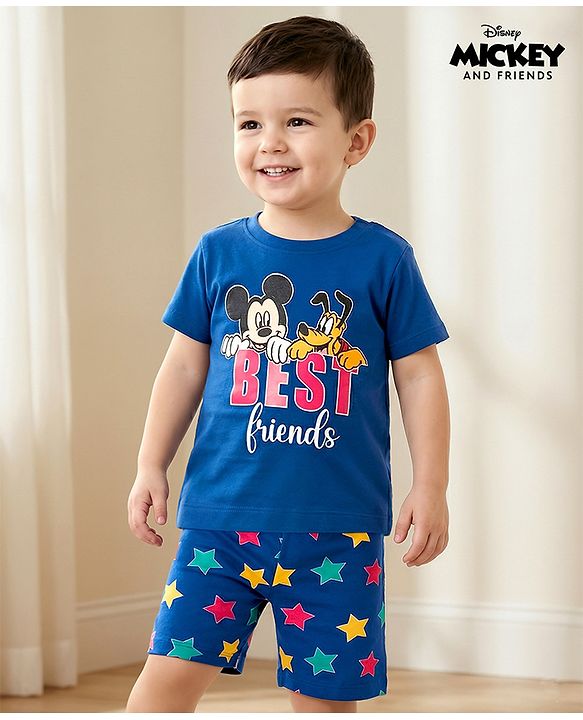 Babyhug Disney Single Jersey Knit Half Sleeves Shorts Night Suit With Mickey & Friends Graphics - Navy Blue