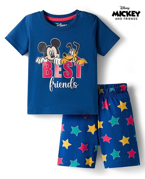Babyhug Disney Single Jersey Knit Half Sleeves Shorts Night Suit With Mickey & Friends Graphics - Navy Blue