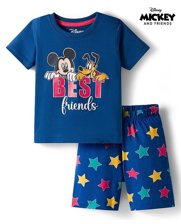 Babyhug Disney Single Jersey Knit Half Sleeves Shorts Night Suit With Mickey & Friends Graphics - Navy Blue