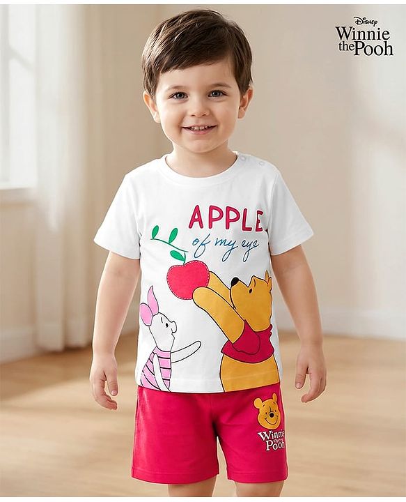 Babyhug Disney Single Jersey Knit Half Sleeves Short Night Suit With Winnie & Friends Graphics - White & Red