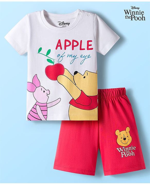 Babyhug Disney Single Jersey Knit Half Sleeves Short Night Suit With Winnie & Friends Graphics - White & Red
