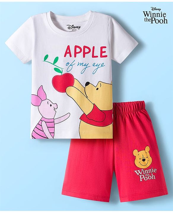 Babyhug Disney Single Jersey Knit Half Sleeves Short Night Suit With Winnie & Friends Graphics - White & Red