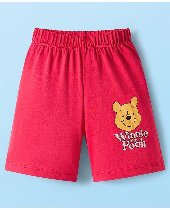 Babyhug Disney Single Jersey Knit Half Sleeves Short Night Suit With Winnie & Friends Graphics - White & Red