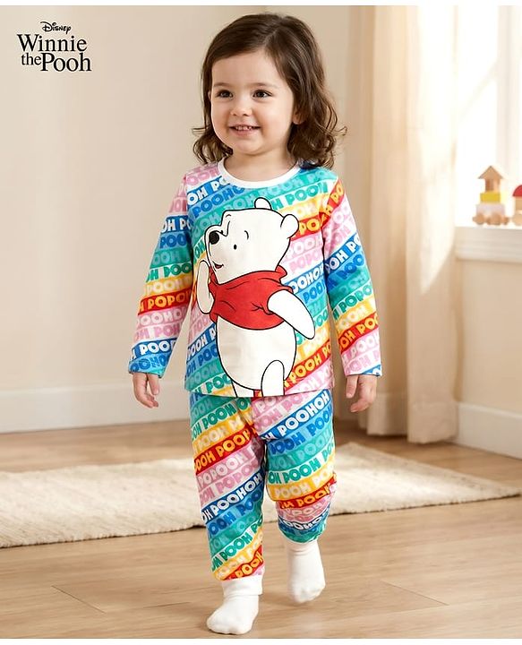 Babyhug Disney Single Jersey Knit Full Sleeves Night Suit With Winnie The Pooh Graphics - Light Blue