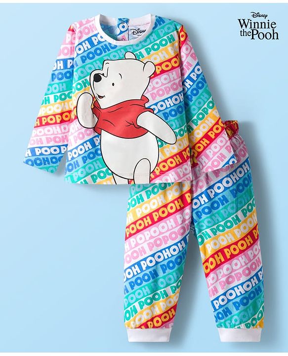 Babyhug Disney Single Jersey Knit Full Sleeves Night Suit With Winnie The Pooh Graphics - Light Blue