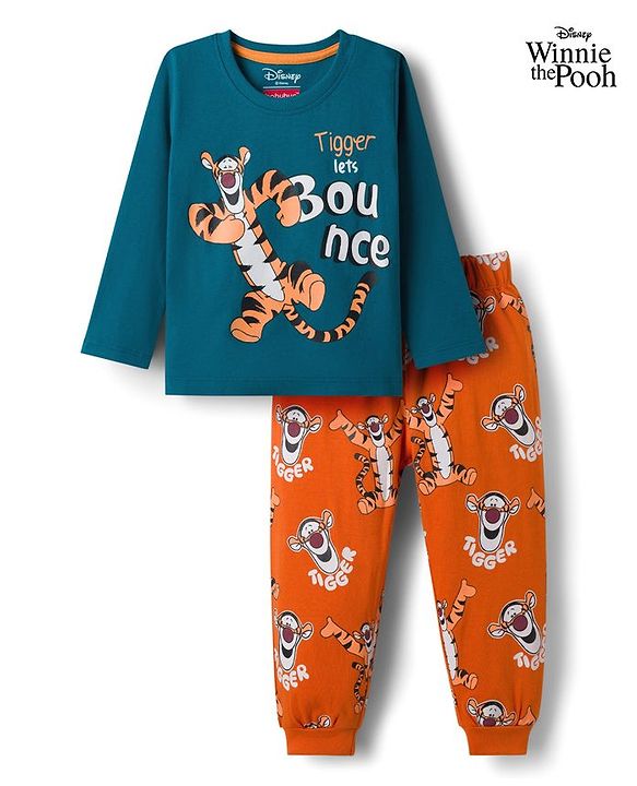 Babyhug Disney Single Jersey Knit Full Sleeves Night Suit With Animal Print - Navy Blue & Rust Orange
