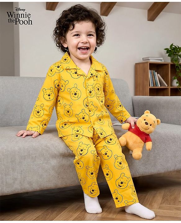 Babyhug Disney Single Jersey Knit Full Sleeves Co-ord Night Suit With Winnie The Pooh Print - Yellow