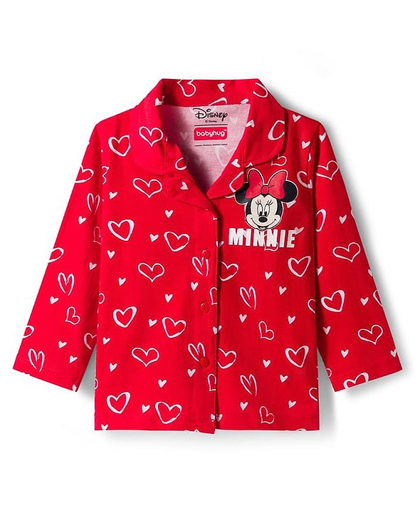 Babyhug Disney Single Jersey Knit Full Sleeves Co-ords Night Suit with Minnie Mouse Graphic - Red