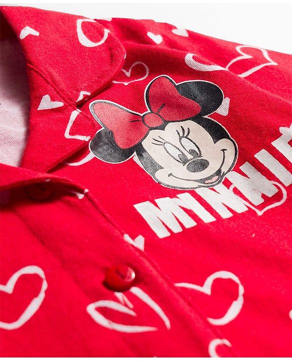 Babyhug Disney Single Jersey Knit Full Sleeves Co-ords Night Suit with Minnie Mouse Graphic - Red