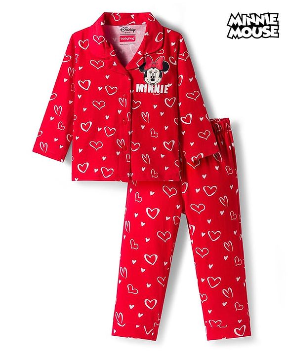 Babyhug Disney Single Jersey Knit Full Sleeves Co-ords Night Suit with Minnie Mouse Graphic - Red