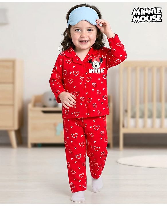 Babyhug Disney Single Jersey Knit Full Sleeves Co-ords Night Suit with Minnie Mouse Graphic - Red