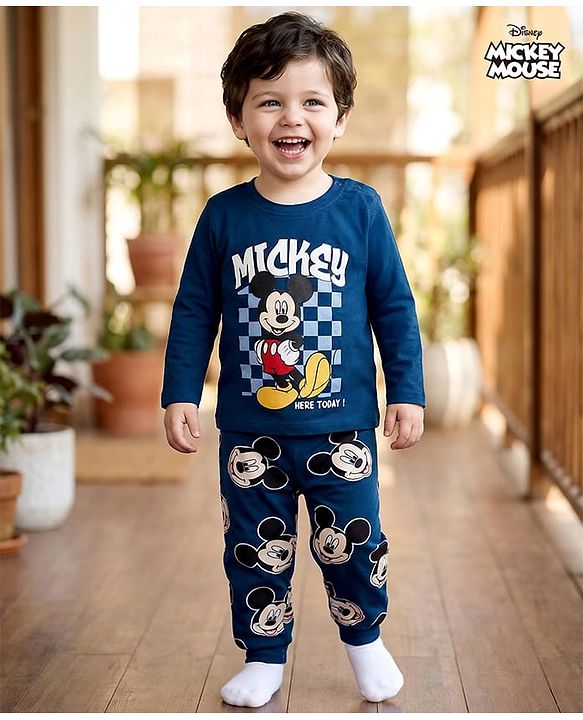 Babyhug Disney Single Jersey Knit Full Sleeves Night Suite with Mickey Mouse Graphic - Navy Blue