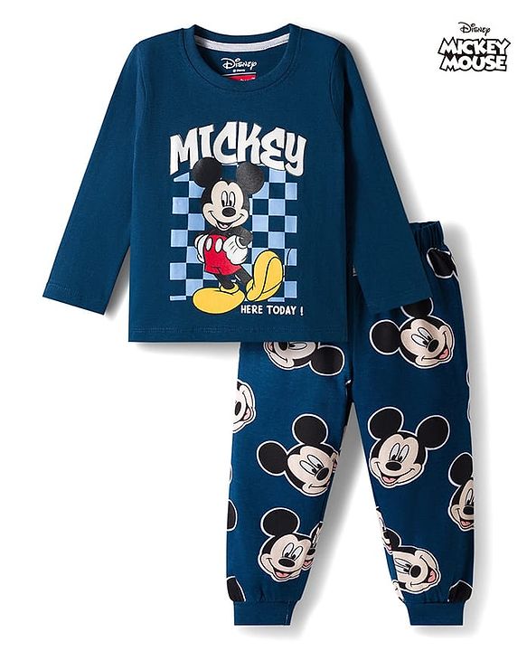 Babyhug Disney Single Jersey Knit Full Sleeves Night Suite with Mickey Mouse Graphic - Navy Blue