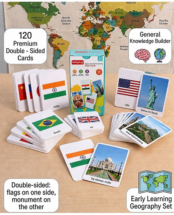 Babyhug Premium Double Sided Country Flags & Monuments Flash Cards 118 Cards English Early Geography Learning| General Knowledge Builder| BIS Certified Educational Gifting Easy to Understand & Play