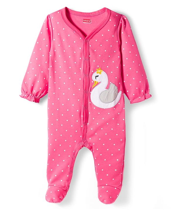 Babyhug Cotton Knit Full Sleeves Footed Polka Dot Printed Sleepsuit With Bird Patch & Hair Band - Pink
