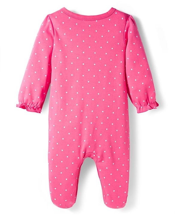 Babyhug Cotton Knit Full Sleeves Footed Polka Dot Printed Sleepsuit With Bird Patch & Hair Band - Pink