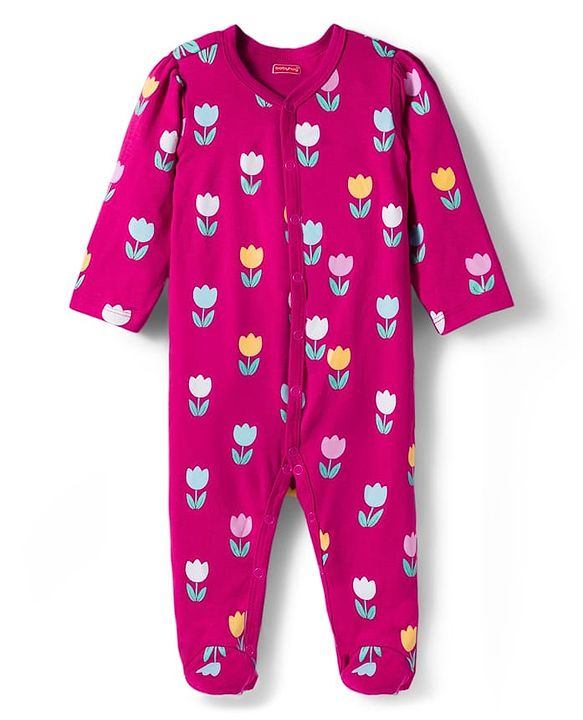 Babyhug Cotton Knti Full Sleeves Footed Sleepsuit With Floral Print & Headband - Pink