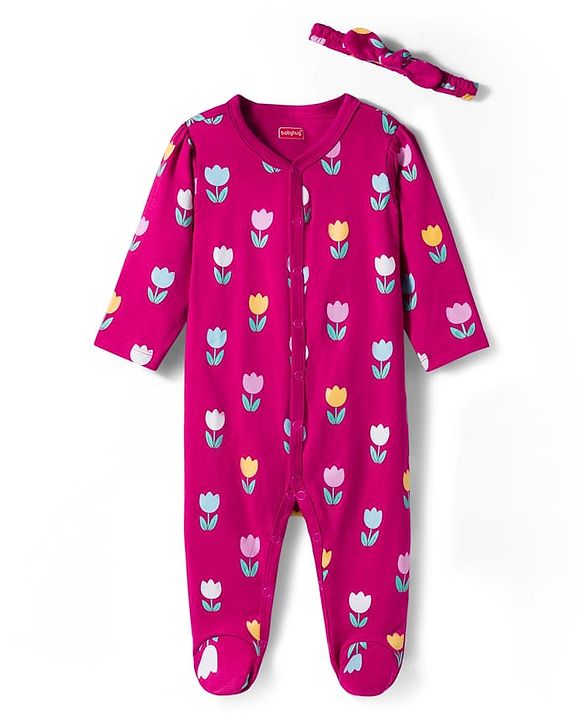 Babyhug Cotton Knti Full Sleeves Footed Sleepsuit With Floral Print & Headband - Pink