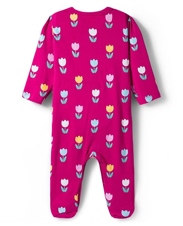 Babyhug Cotton Knti Full Sleeves Footed Sleepsuit With Floral Print & Headband - Pink