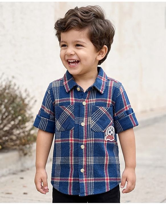 Babyhug Cotton Woven Full Sleeves Checks Shirt With Football Patch - Blue