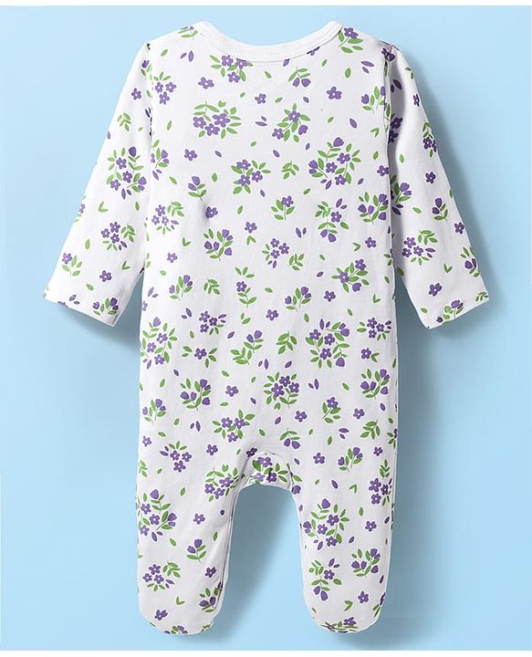 Babyhug Cotton Knit Full Sleeves Front Open Sleep Suit with Floral Print - White